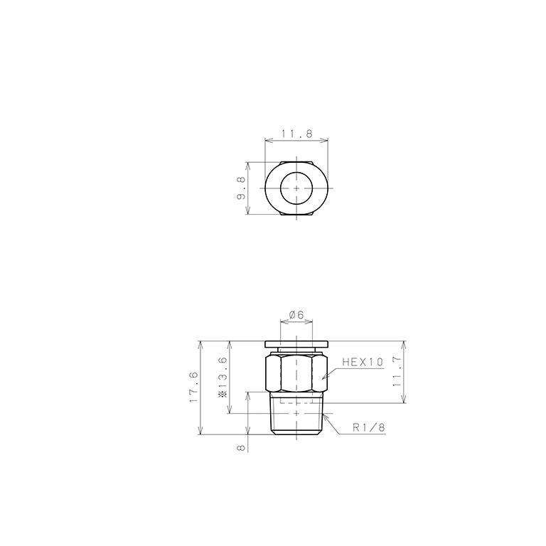 Đầu Nối Nhanh Khí Nén Dạng Thẳng Thân Lục Giác Ren Ngoài Pisco PC6-01MW-C_drawing