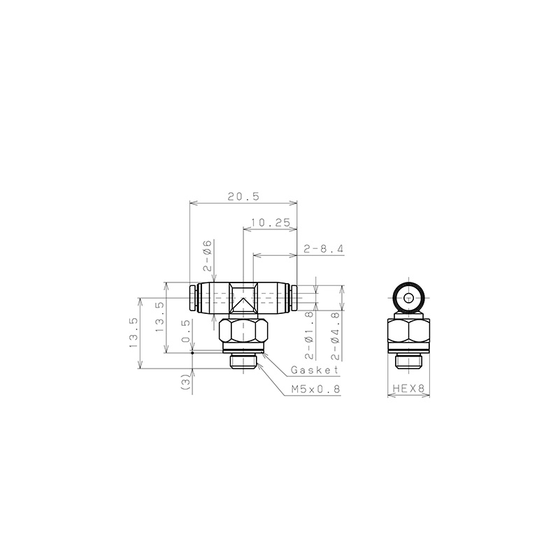Đầu Nối Nhanh Khí Nén Dạng Chữ T Ren Ngoài Pisco PB180-M5MW_drawing