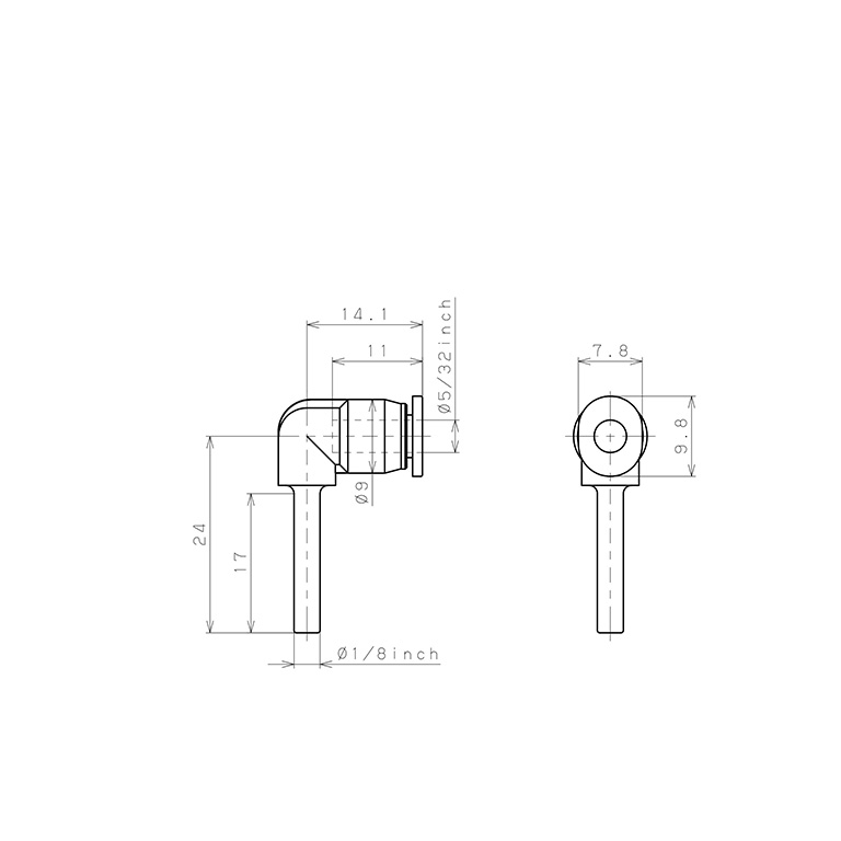 Đầu Nối Nhanh Khí Nén Giữa Ống Khí Và Fitting Dạng Nối Giảm Cong 90° Pisco PLGJ1/8-5/32M_drawing