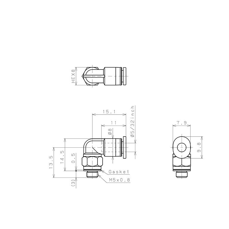 Đầu Nối Nhanh Khí Nén Dạng Cong 90° Ren Ngoài Pisco PL5/32-M5M_drawing