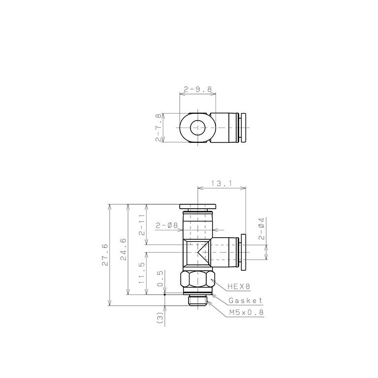 Đầu Nối Nhanh Khí Nén Dạng Chữ T Ren Ngoài Pisco PD4-M5MW_drawing