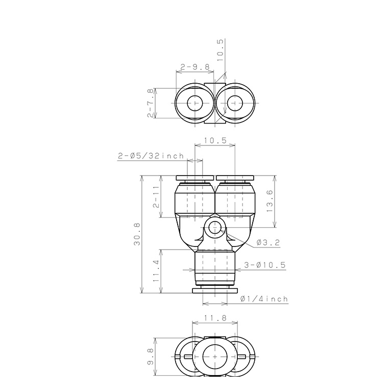 Đầu Nối Nhanh Khí Nén Chữ Y Dạng Nối Giảm Pisco PW1/4-5/32M_drawing