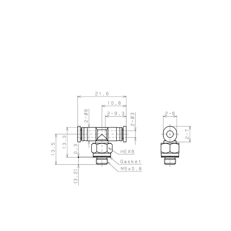 Đầu Nối Nhanh Khí Nén Dạng Chữ T Ren Ngoài Pisco PB3-M5M-C_drawing