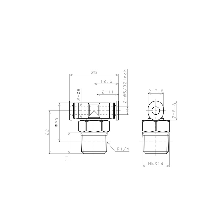 Đầu Nối Nhanh Khí Nén Dạng Chữ T Ren Ngoài Pisco PB5/32-02M_drawing