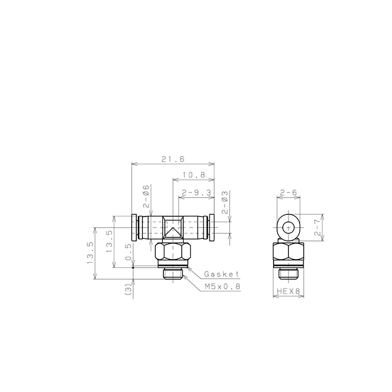 Đầu Nối Nhanh Khí Nén Dạng Chữ T Ren Ngoài Pisco PB3-M5M_drawing