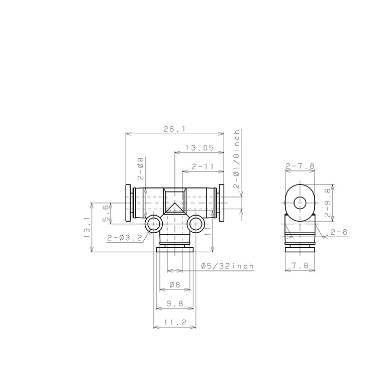 Đầu Nối Nhanh Khí Nén Chữ T Dạng Nối Giảm Pisco PEG1/8-5/32M_drawing