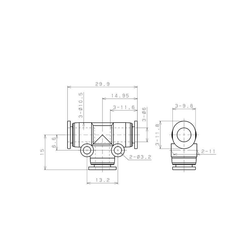 Đầu Nối Nhanh Khí Nén Chữ T Pisco PE6MW-C_drawing