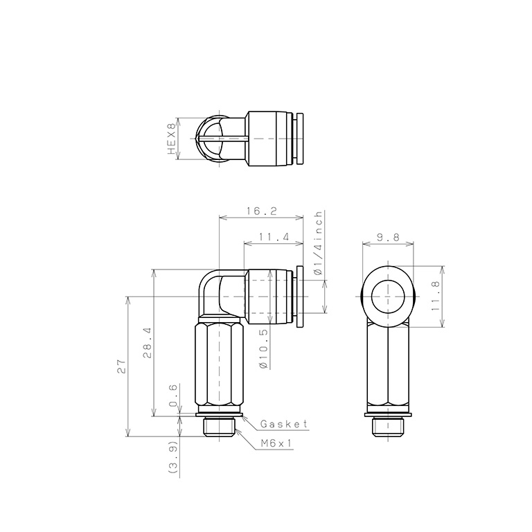Đầu Nối Nhanh Khí Nén Dạng Cong 90° Ren Ngoài (Dài) Pisco PLL1/4-M6M_drawing