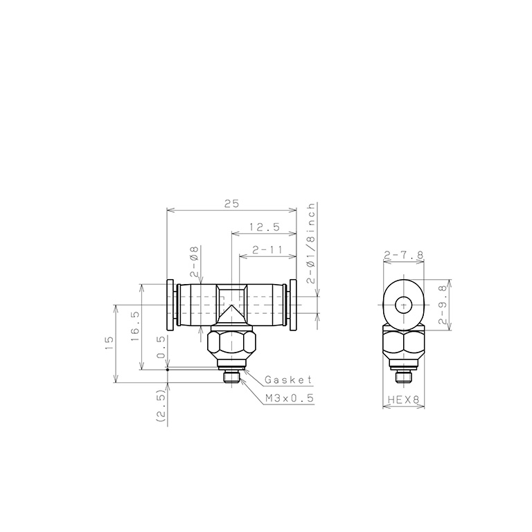 Đầu Nối Nhanh Khí Nén Dạng Chữ T Ren Ngoài Pisco PB1/8-M3MW_drawing