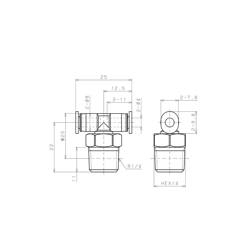 Đầu Nối Nhanh Khí Nén Dạng Chữ T Ren Ngoài Pisco PB4-02M_drawing