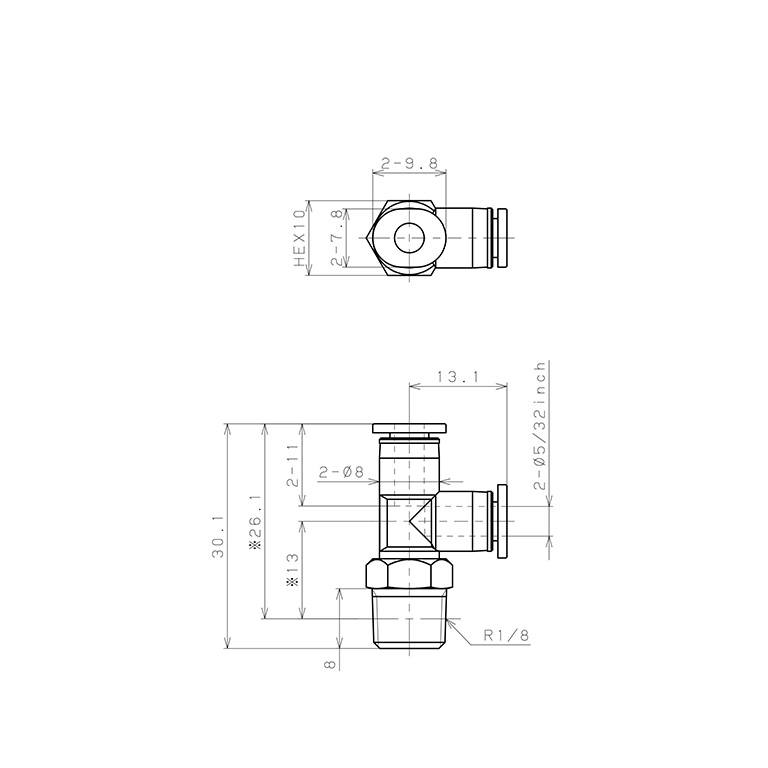 Đầu Nối Nhanh Khí Nén Dạng Chữ T Ren Ngoài Pisco PD5/32-01M_drawing