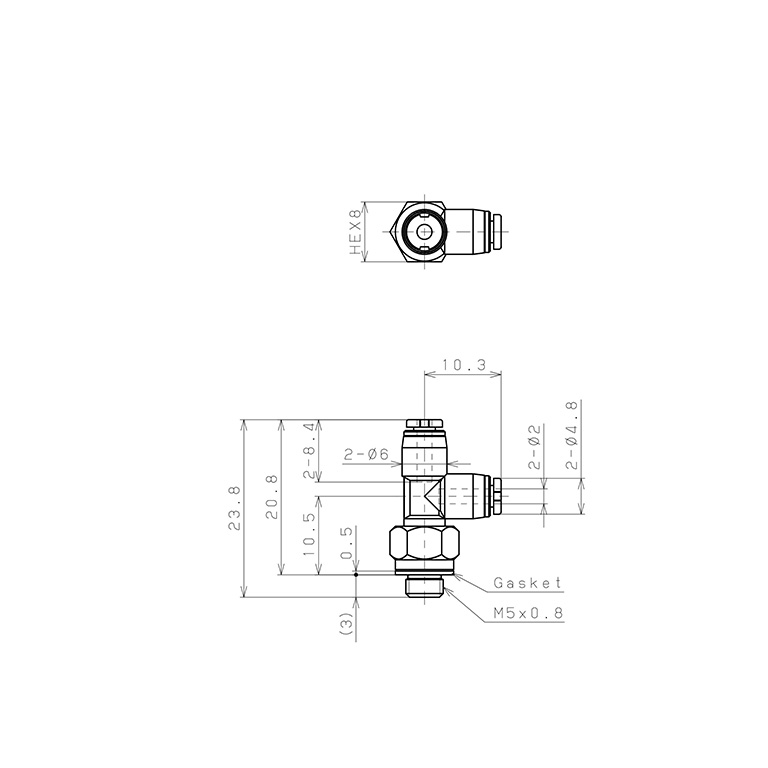 Đầu Nối Nhanh Khí Nén Dạng Chữ T Ren Ngoài Pisco PD2-M5MW_drawing