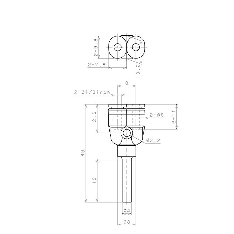 Đầu Nối Nhanh Khí Nén Giữa Ống Khí Và Fitting Dạng Nối Giảm Chữ Y Pisco PWJ4-1/8M_drawing