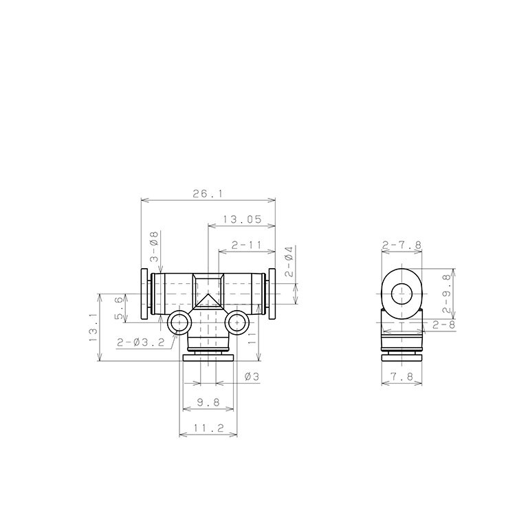 Đầu Nối Nhanh Khí Nén Chữ T Dạng Nối Giảm Pisco PEG4-3MW_drawing