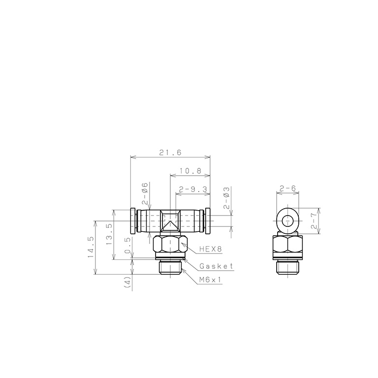 Đầu Nối Nhanh Khí Nén Dạng Chữ T Ren Ngoài Pisco PB3-M6M-C_drawing