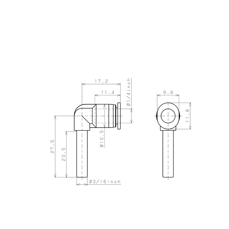 Đầu Nối Nhanh Khí Nén Giữa Ống Khí Và Fitting Dạng Nối Giảm Cong 90° Pisco PLGJ3/16-1/4M_drawing