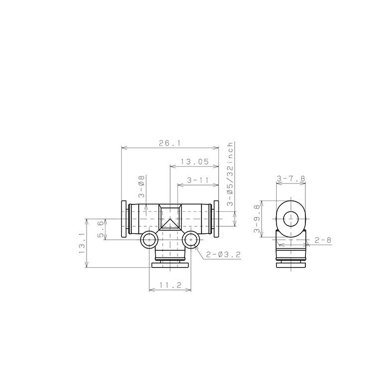 Đầu Nối Nhanh Khí Nén Chữ T Pisco PE5/32M_drawing