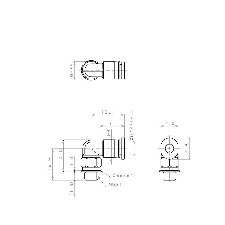 Đầu Nối Nhanh Khí Nén Dạng Cong 90° Ren Ngoài Pisco PL5/32-M6M_drawing