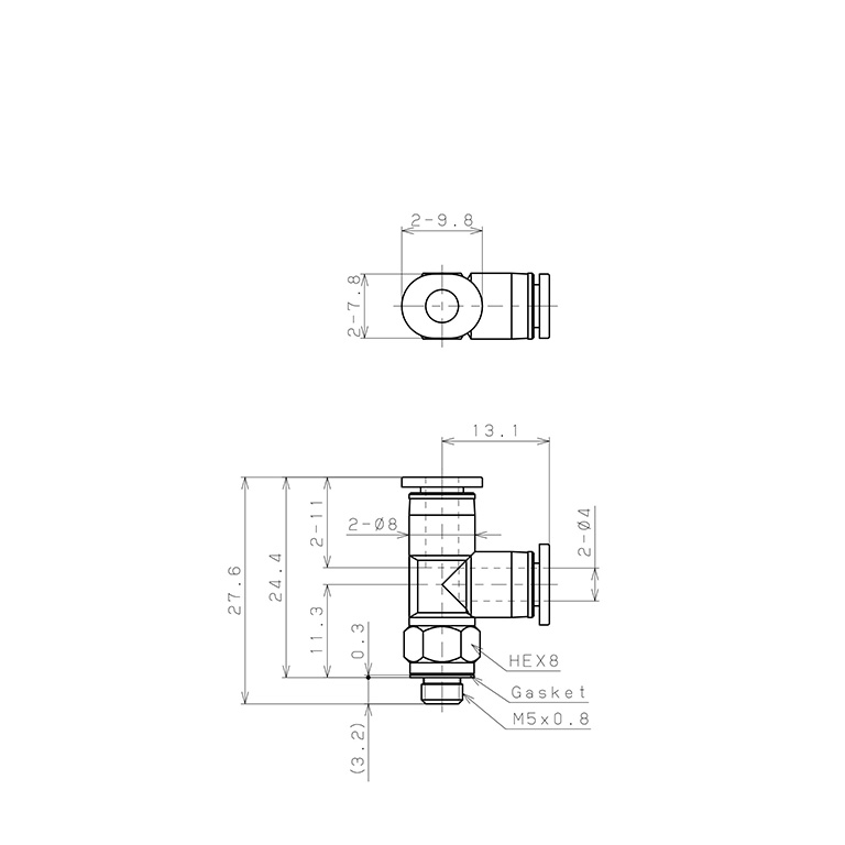 Đầu Nối Nhanh Khí Nén Dạng Chữ T Ren Ngoài Pisco PD4-M5M-C_drawing