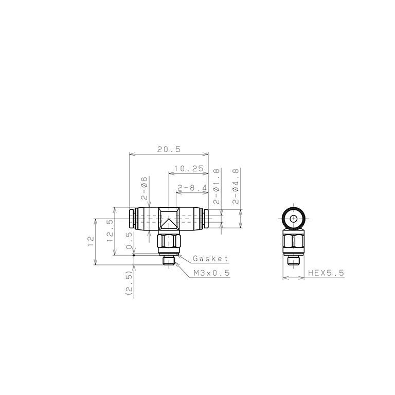 Đầu Nối Nhanh Khí Nén Dạng Chữ T Ren Ngoài Pisco PB180-M3MW_drawing