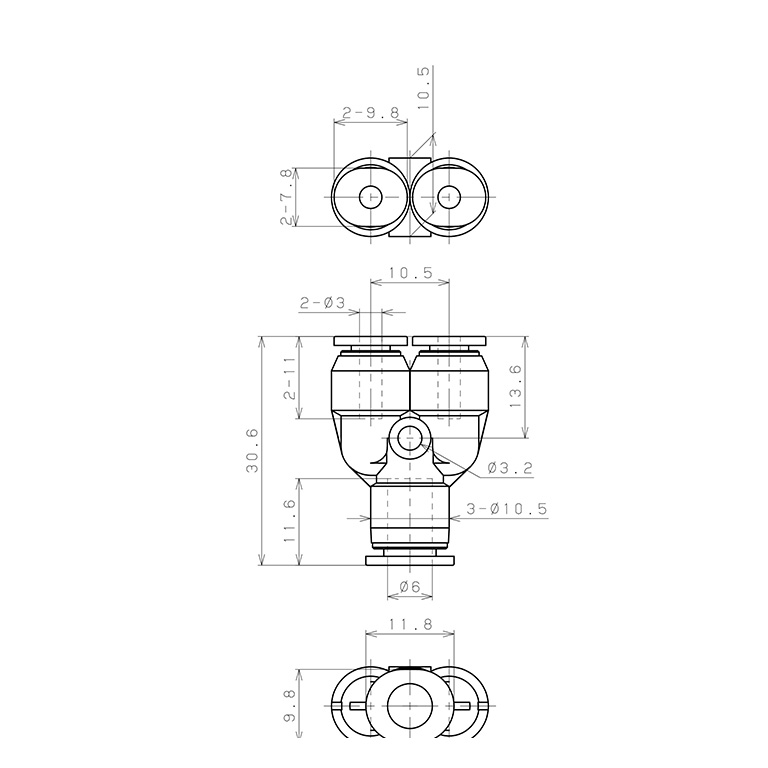 Đầu Nối Nhanh Khí Nén Chữ Y Dạng Nối Giảm Pisco PW6-3M-C_drawing