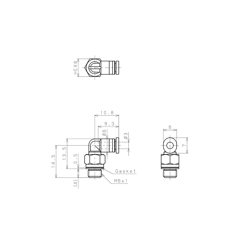 Đầu Nối Nhanh Khí Nén Dạng Cong 90° Ren Ngoài Pisco PL3-M6M-C_drawing