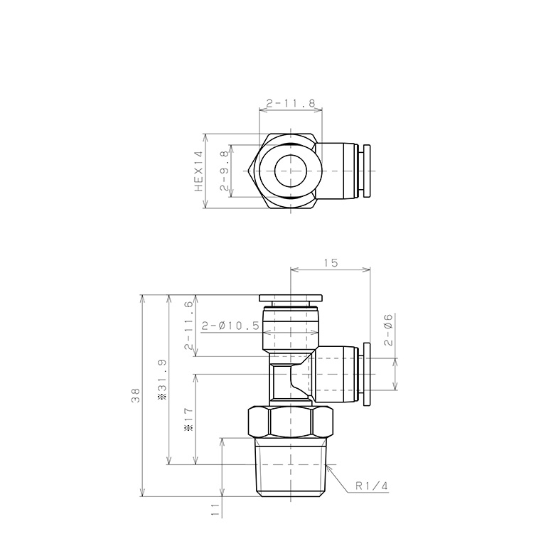 Đầu Nối Nhanh Khí Nén Dạng Chữ T Ren Ngoài Pisco PD6-02M_drawing