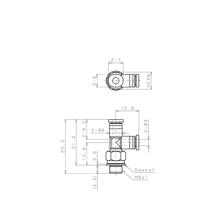 Đầu Nối Nhanh Khí Nén Dạng Chữ T Ren Ngoài Pisco PD3-M6M_drawing