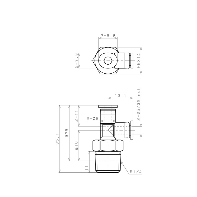 Đầu Nối Nhanh Khí Nén Dạng Chữ T Ren Ngoài Pisco PD5/32-02M_drawing