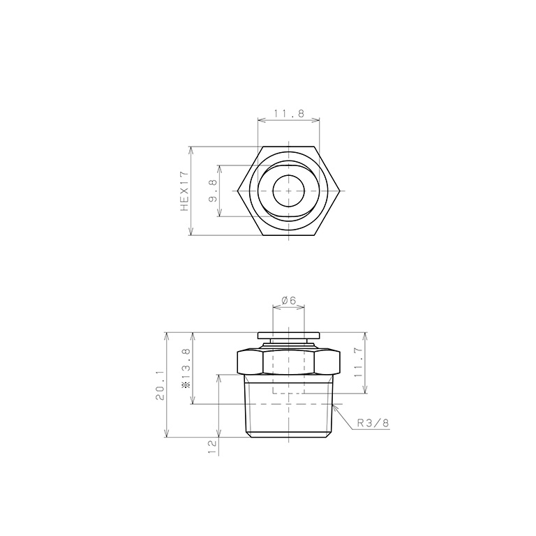 Đầu Nối Nhanh Khí Nén Dạng Thẳng Thân Lục Giác Ren Ngoài Pisco PC6-03MW_drawing