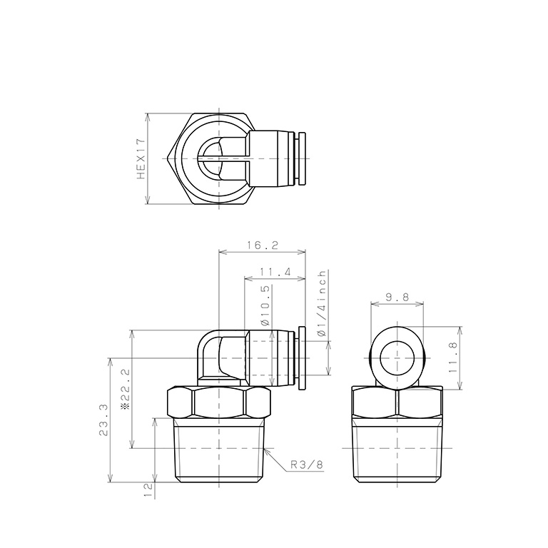 Đầu Nối Nhanh Khí Nén Dạng Cong 90° Ren Ngoài Pisco PL1/4-03M_drawing