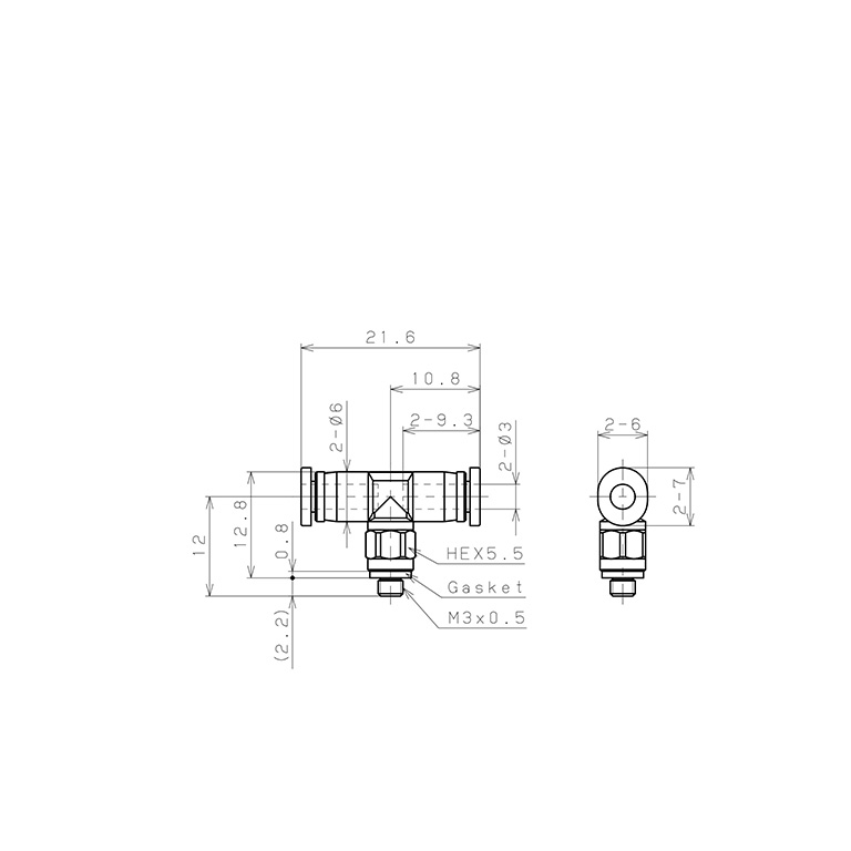 Đầu Nối Nhanh Khí Nén Dạng Chữ T Ren Ngoài Pisco PB3-M3M-C_drawing