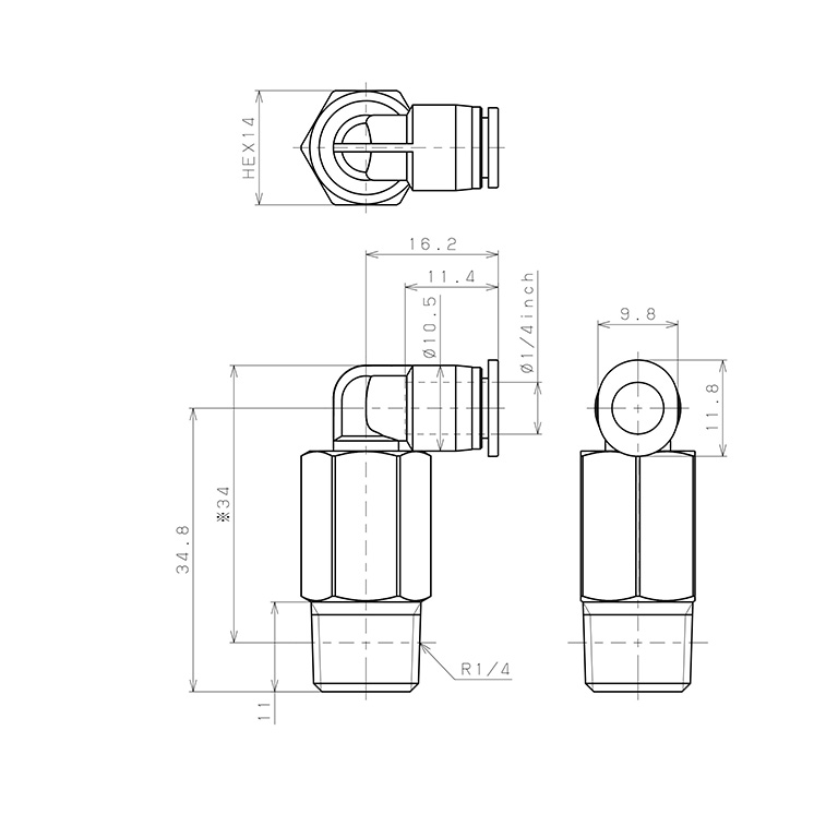 Đầu Nối Nhanh Khí Nén Dạng Cong 90° Ren Ngoài (Dài) Pisco PLL1/4-02M_drawing