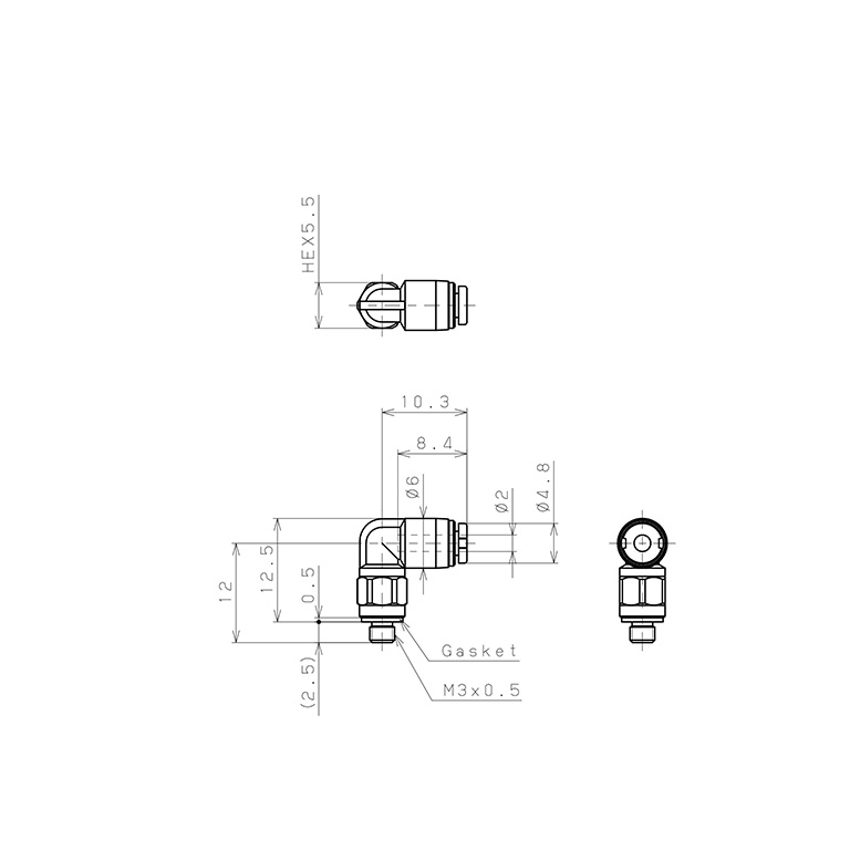 Đầu Nối Nhanh Khí Nén Dạng Cong 90° Ren Ngoài Pisco PL2-M3M_drawing
