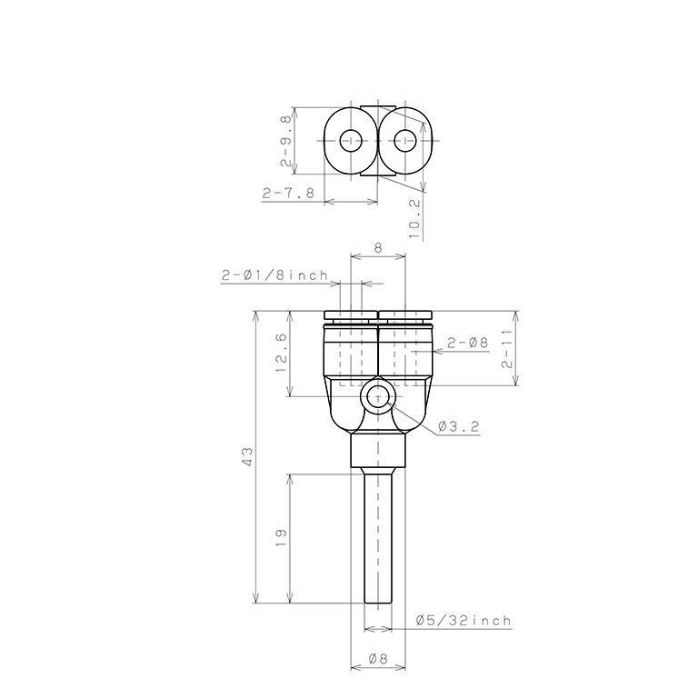Đầu Nối Nhanh Khí Nén Giữa Ống Khí Và Fitting Dạng Nối Giảm Chữ Y Pisco PWJ5/32-1/8M_drawing