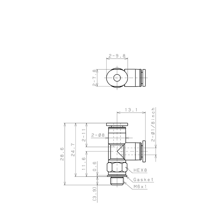 Đầu Nối Nhanh Khí Nén Dạng Chữ T Ren Ngoài Pisco PD1/8-M6M_drawing