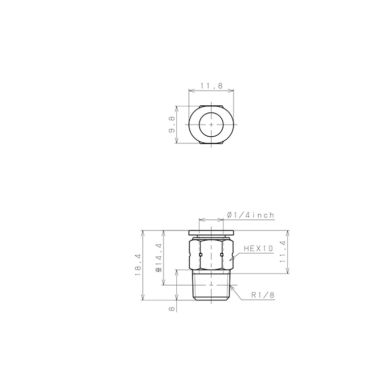 Đầu Nối Nhanh Khí Nén Dạng Thẳng Thân Lục Giác Ren Ngoài Pisco PC1/4-01M-C_drawing