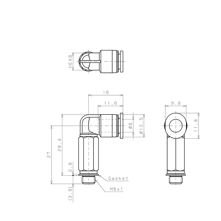 Đầu Nối Nhanh Khí Nén Dạng Cong 90° Ren Ngoài (Dài) Pisco PLL6-M6M_drawing