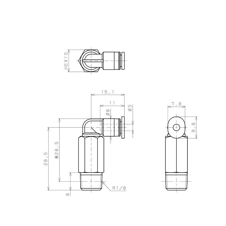 Đầu Nối Nhanh Khí Nén Dạng Cong 90° Ren Ngoài (Dài) Pisco PLL3-01M_drawing