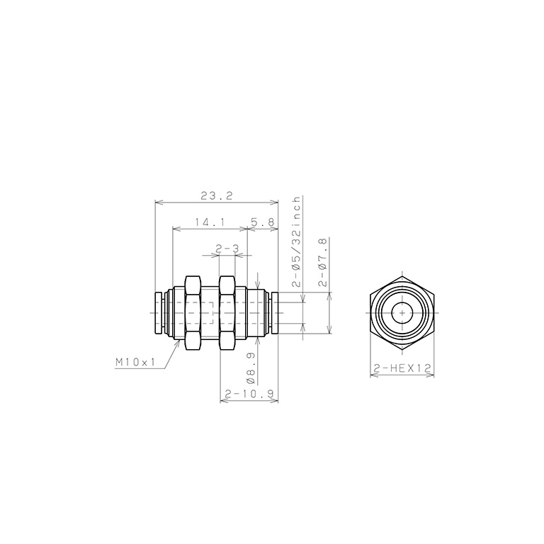 Đầu Nối Nhanh Khí Nén Dạng Thẳng Ren Ngoài Lắp Kẹp Vách Pisco PM5/32M_drawing