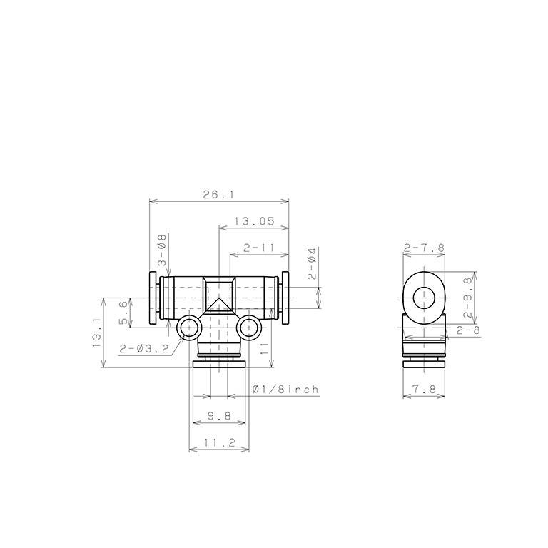 Đầu Nối Nhanh Khí Nén Chữ T Dạng Nối Giảm Pisco PEG4-1/8MW_drawing