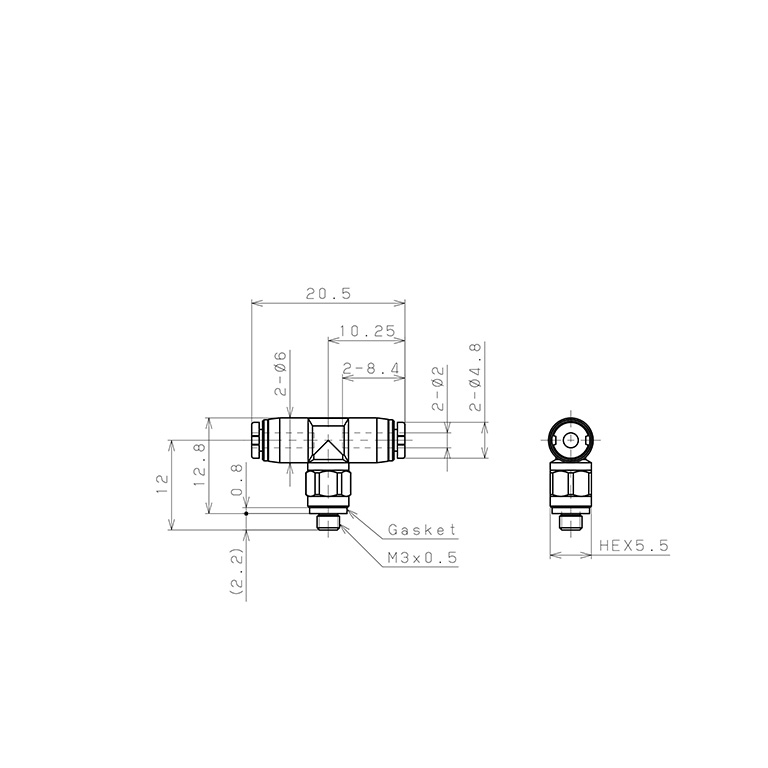 Đầu Nối Nhanh Khí Nén Dạng Chữ T Ren Ngoài Pisco PB2-M3M-C_drawing