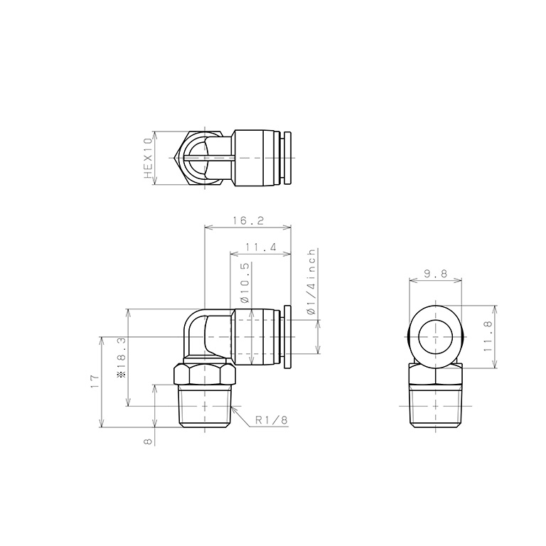 Đầu Nối Nhanh Khí Nén Dạng Cong 90° Ren Ngoài Pisco PL1/4-01MW_drawing