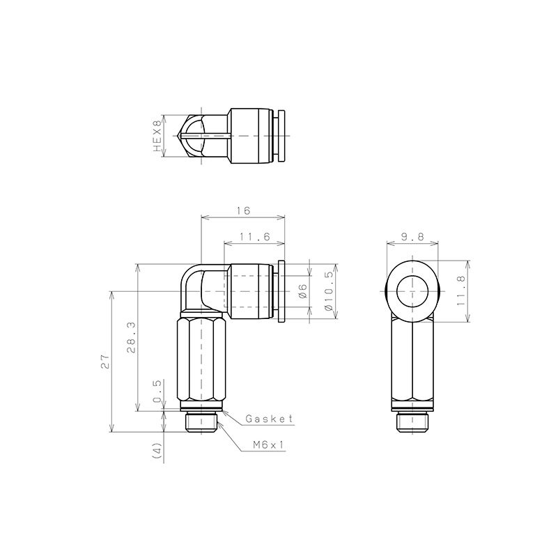 Đầu Nối Nhanh Khí Nén Dạng Cong 90° Ren Ngoài (Dài) Pisco PLL6-M6M-C_drawing