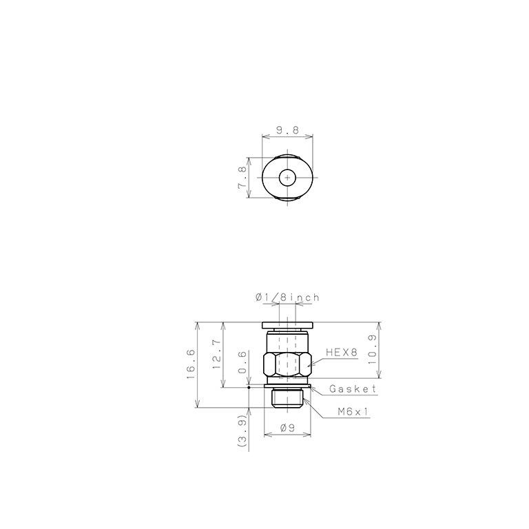 Đầu Nối Nhanh Khí Nén Dạng Thẳng Thân Lục Giác Ren Ngoài Pisco PC1/8-M6M_drawing