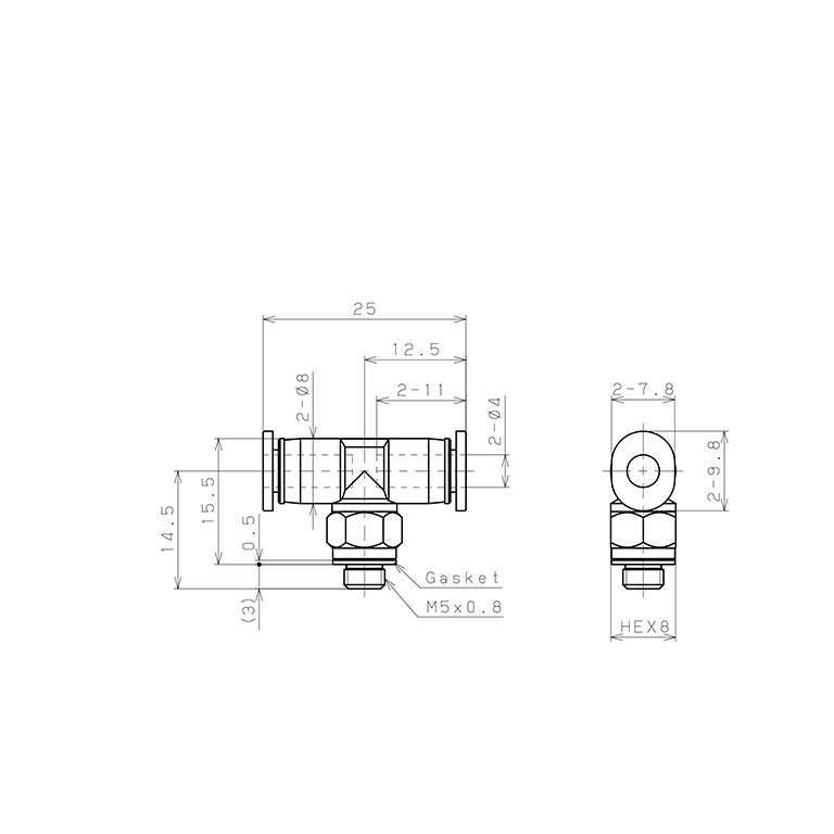 Đầu Nối Nhanh Khí Nén Dạng Chữ T Ren Ngoài Pisco PB4-M5MW_drawing