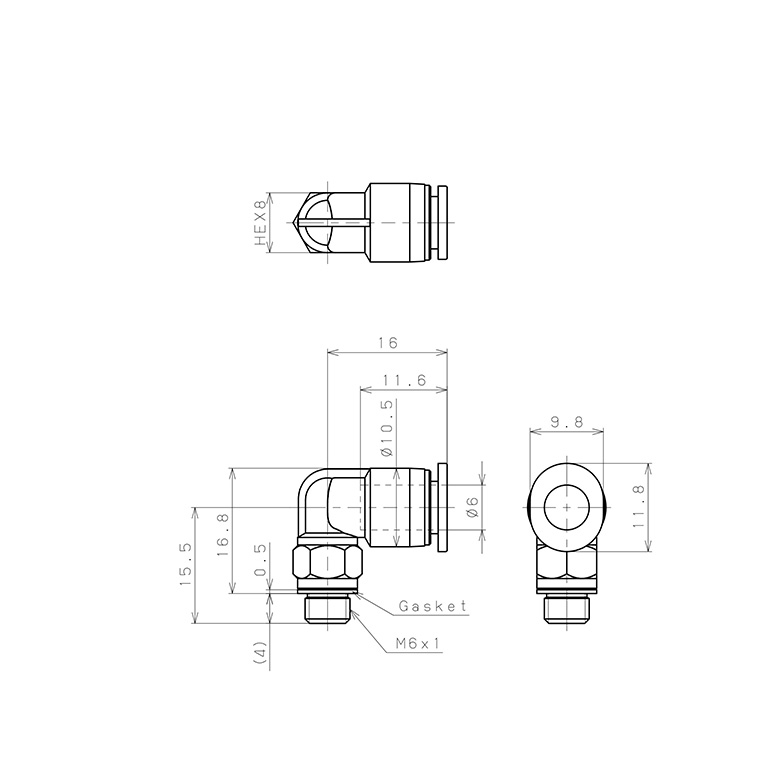 Đầu Nối Nhanh Khí Nén Dạng Cong 90° Ren Ngoài Pisco PL6-M6MW-C_drawing