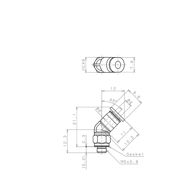Đầu Nối Nhanh Khí Nén Dạng Cong 45° Ren Ngoài Pisco PLH4-M5M-C_drawing