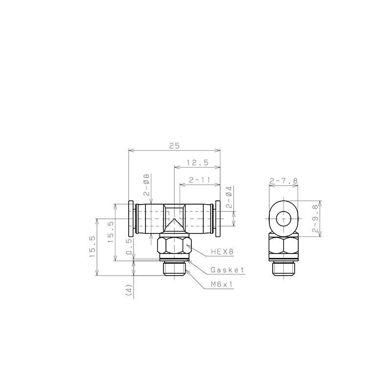 Đầu Nối Nhanh Khí Nén Dạng Chữ T Ren Ngoài Pisco PB4-M6M-C_drawing