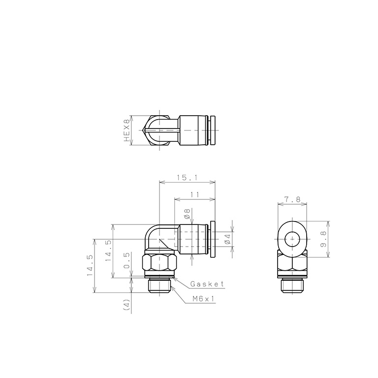 Đầu Nối Nhanh Khí Nén Dạng Cong 90° Ren Ngoài Pisco PL4-M6M-C_drawing